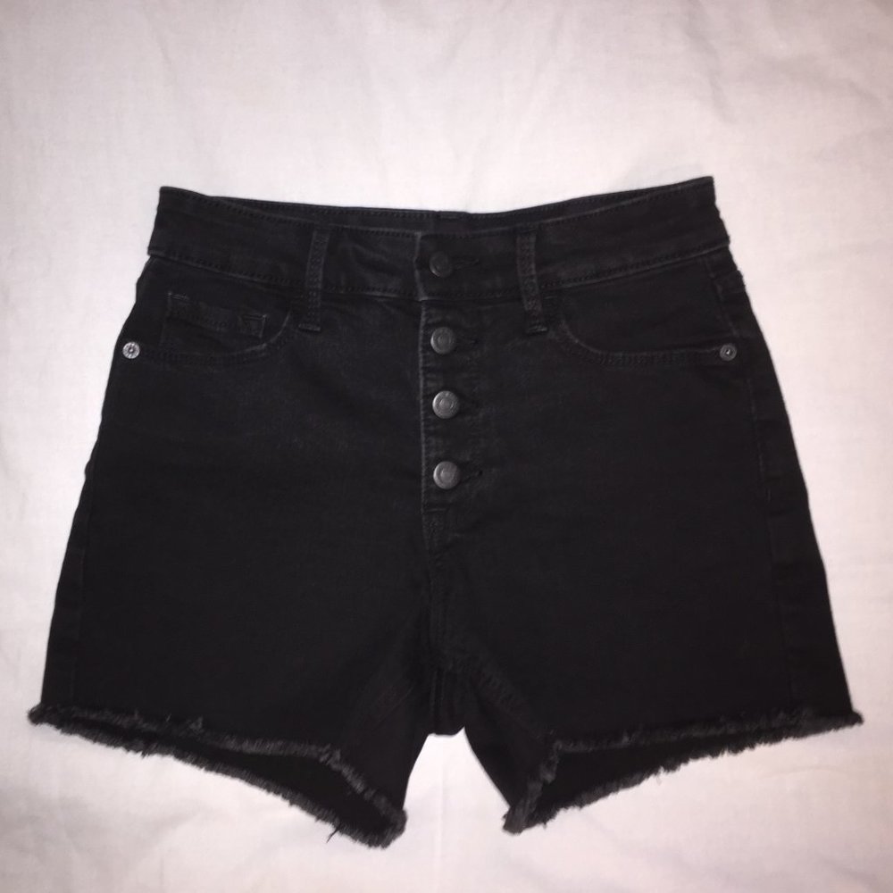 Hi-Rise Button-Fly Raw Hem Black Denim Shorts  Size 2